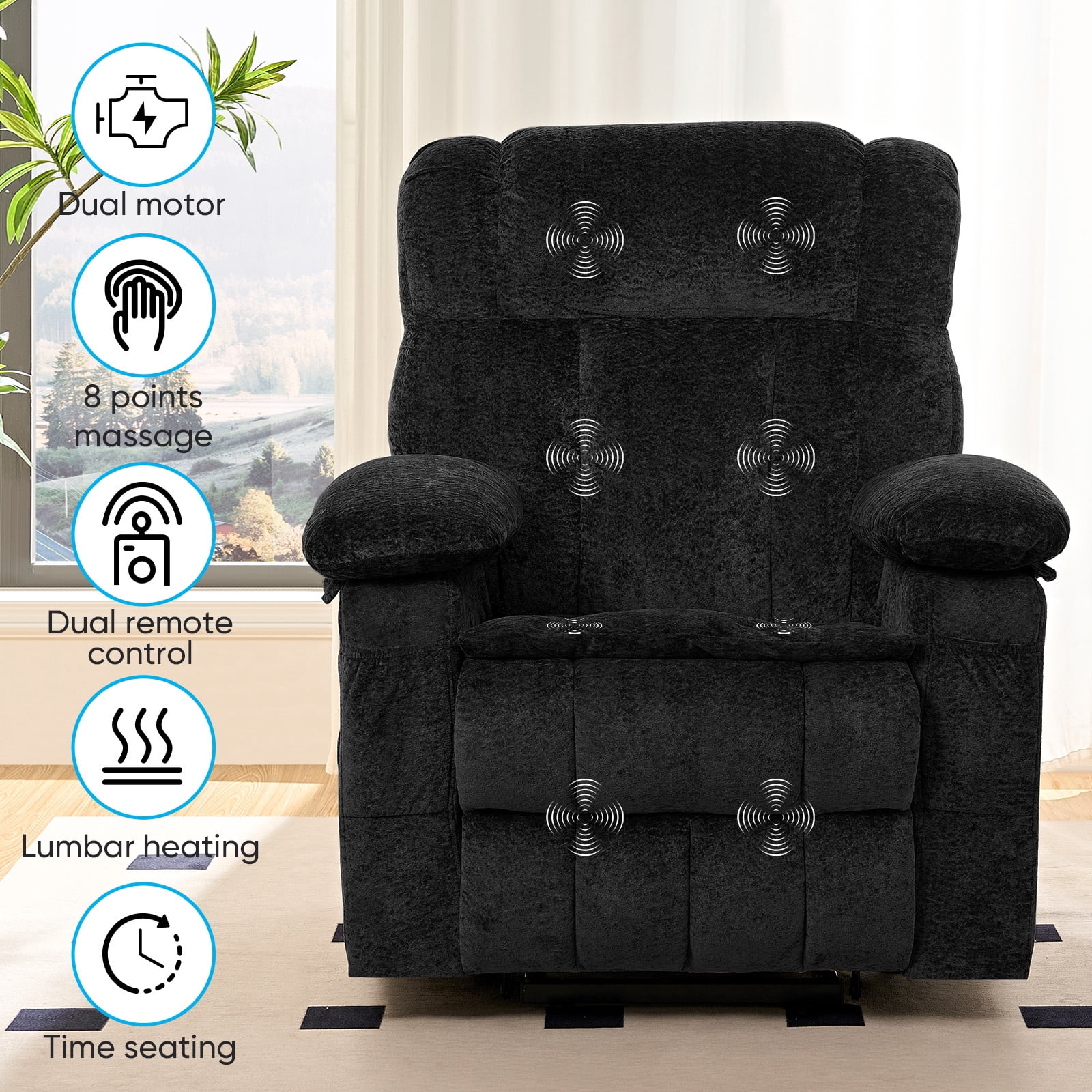 BALUS Oversized Power Lift Recliner with Dual Motor for Elderly, Velvet Arm Chair with Heat and Massage for Living Room, Black