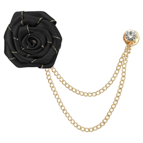 Uxcell Bridegroom Brooches Rose Flower, Cloth Lapel Pin Handmade with Fashion Gold Trim/Chain, Black 1 Pcs