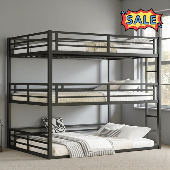 Tcbosik Heavy Duty Triple Bunk Bed, Queen Over Queen over Queen Size Metal Bed Frame with Side Ladder and Safety Guardrail, Space Saving, Black