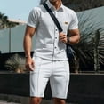 thumbnail image 2 of HBGVBA Men Athleisure 2 Piece Set Solid Color Short Sleeve Lapel Button Down Shirt Knit Shorts Casual Outfit, 2 of 5