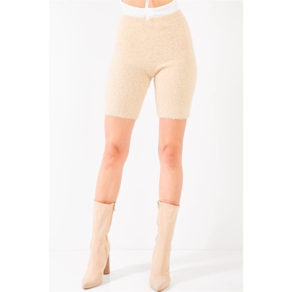 Oatmeal Beige Knit High Waist Stretchy Warm Fuzzy Biker Shorts S