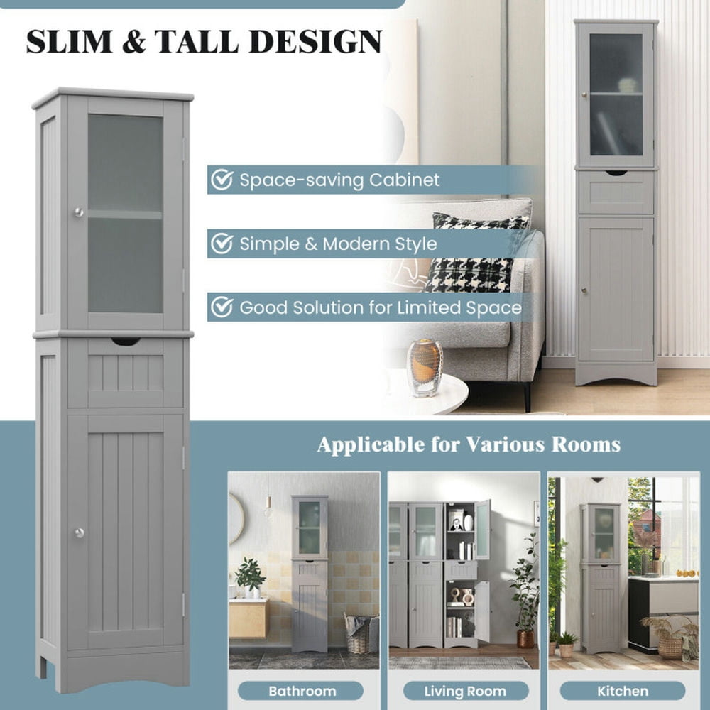 Finihen Storage Cabinet, Floor Cabinet, Tall Floor Storage Cabinet with 2 Doors and 1 Drawer for Bathroom, Living Room, Bedroom, Kitchen, Gray