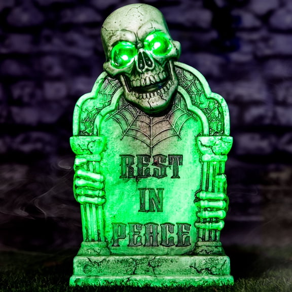 Halloween Decorations Animatronic Tombstone with Skull & Pillars, Glowing Green Light Gravestone, Sound & Motion Activated RIP Cemetery Prop for Haunted House Indoor/Outdoor Yard Lawn Party Decor