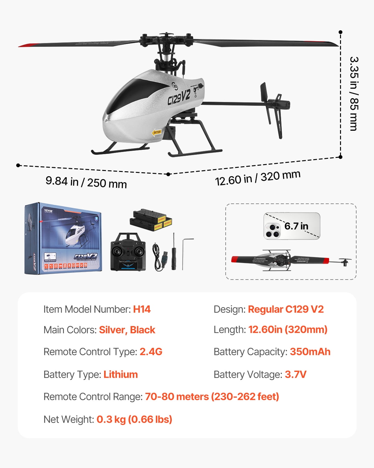VEVOR RC Helicopter, 2.4GHz Single Propeller Remote Control Helicopter with Gyro, 4-Channel RC Airplane for Beginner, 39 Min Flight Time, One-Key Takeoff/Landing, Toys for Kids Ages 8 and up