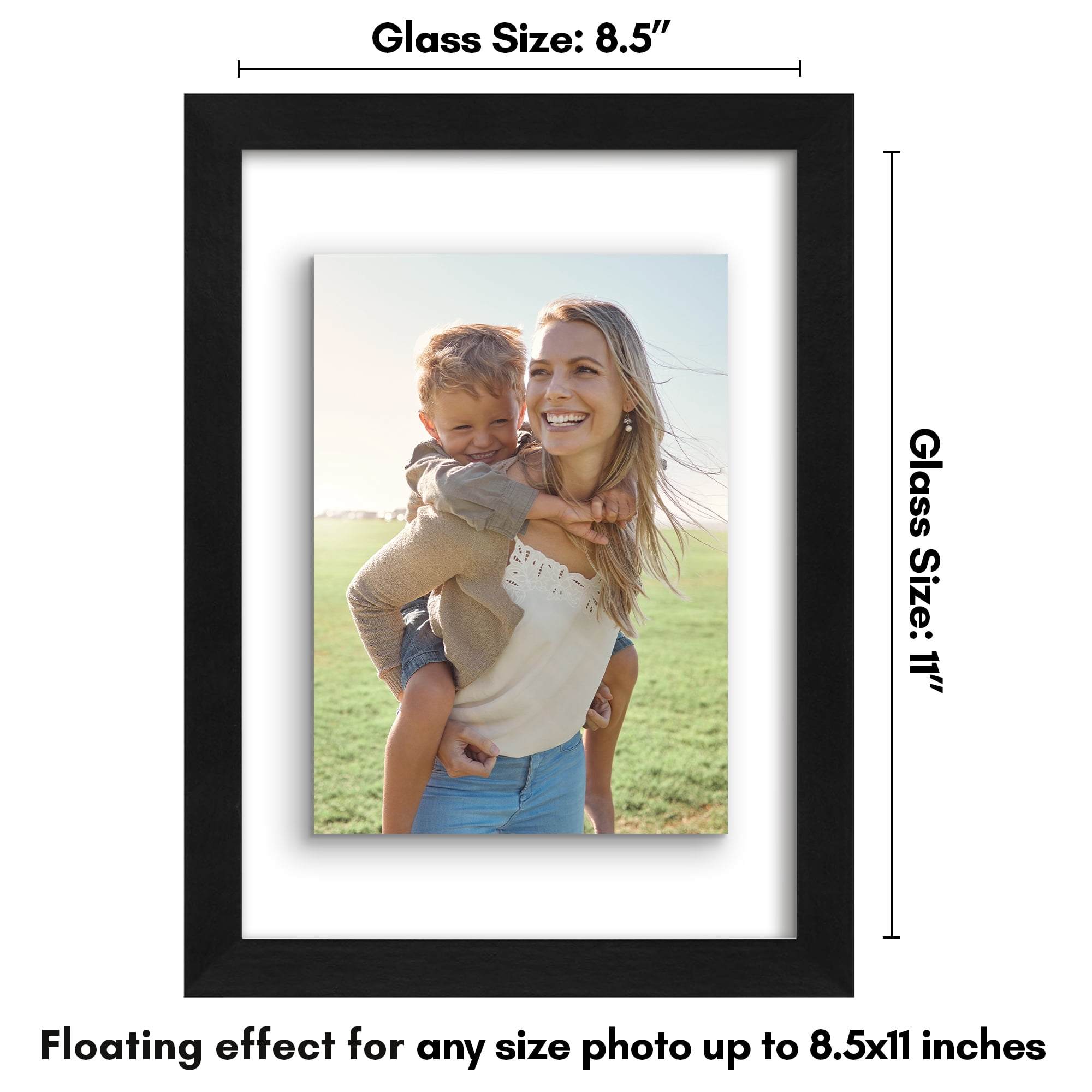 Americanflat 8.5x11 Picture Frame Floating Polished Crystal Clear Glass Display Photo Signature Float - Black