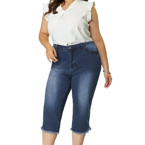 Agnes Orinda Women's Plus Size Capri Jeans Frayed Hem Casual Denim Jean 