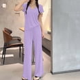 thumbnail image 4 of FengMoreActive Women's 2PC Pajamas Set V-Neck Tshirt And Wide Leg Pants Loose Sleepwear Suits Solid Color Casual Pajamas Sets, 4 of 5