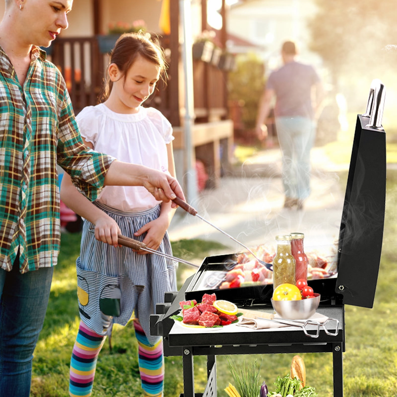 Segmart 3-Burner Flat Top Gas Grill, 30,000 BTU Outdoor Griddle Station with Ceramic Coated Cast Iron Pan, Side Shelves & Spice Rack for BBQ, Backyard Cooking