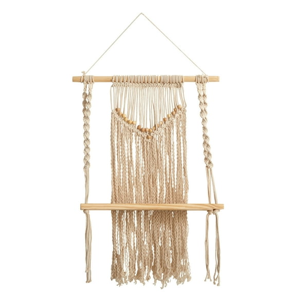 Nearly Natural 24" Boho Chic Wood Macrame Single Shelf Woven Beads Wall Art Décor