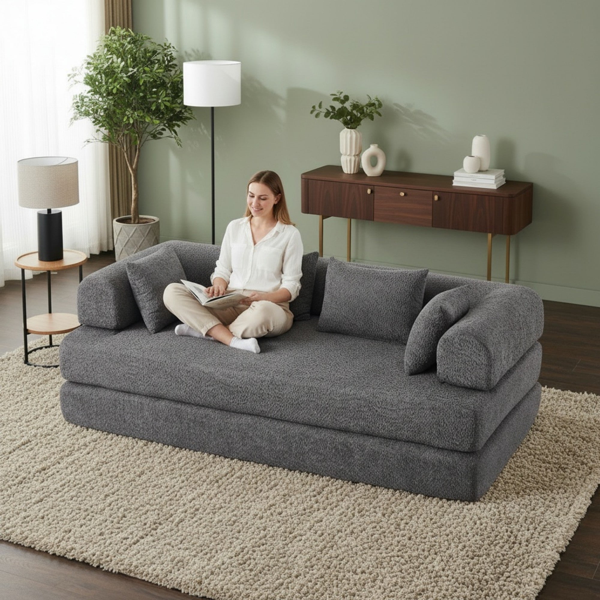 Sailvan 78.9" Convertible Sleeper Sofa, Modular Chenille Folding Mattress Sofa Bed with 4 Pillows, No Assembly Floor Lounge for Living Room Grey