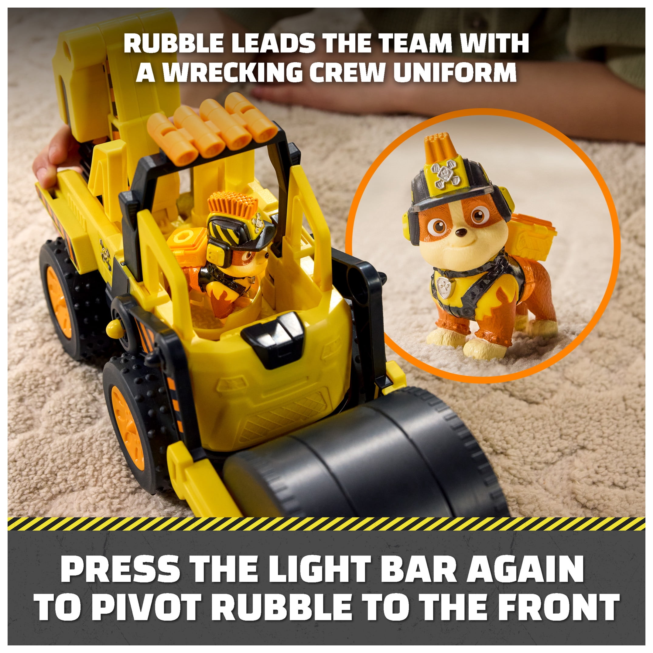 Rubble & Crew Rubble Double Duty Power Dozer, Toy Car Bulldozer with 2-in-1 Roller to Plow Action & Working Wheels, Preschool Toys for Kids Ages 3+