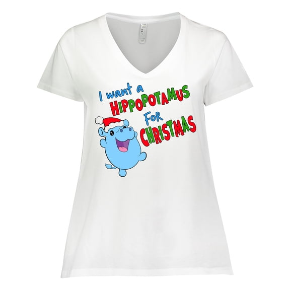 Inktastic I Want a Hippopotamus For Christmas Cute Stuffed Hippo Women's Plus Size V-Neck T-Shirt