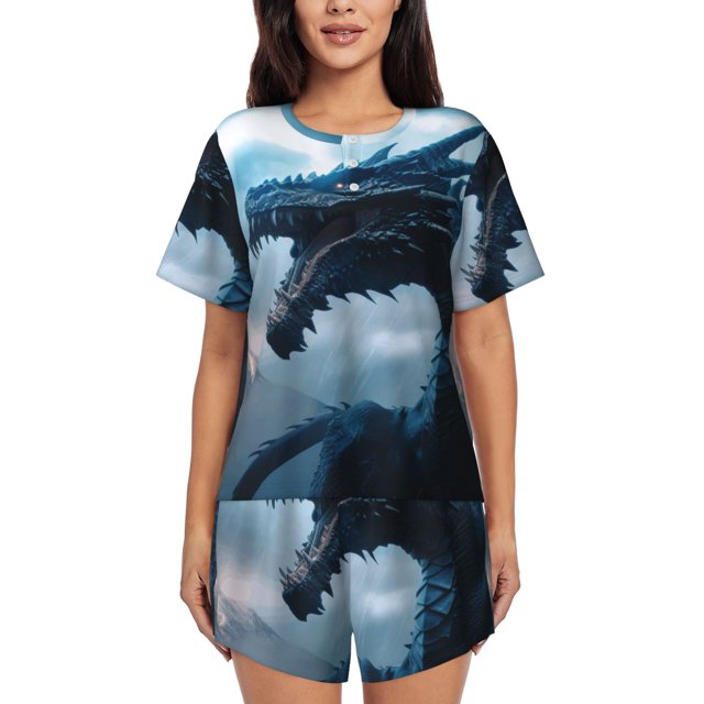 Xecao Blue Thunder Storm Dragon Pattern Women's Short Sleeve Pajama Set Soft Sleepwear Lounge Set with Button Front Top and Drawstring Shorts with Pockets-Medium