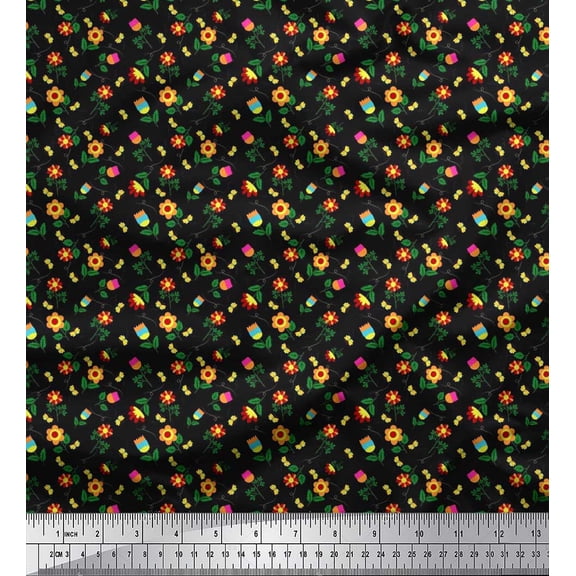 Soimoi Black Cotton Duck Fabric Leaves,Insect & Floral Artistic Print Fabric by The Yard 42 Inch Wide