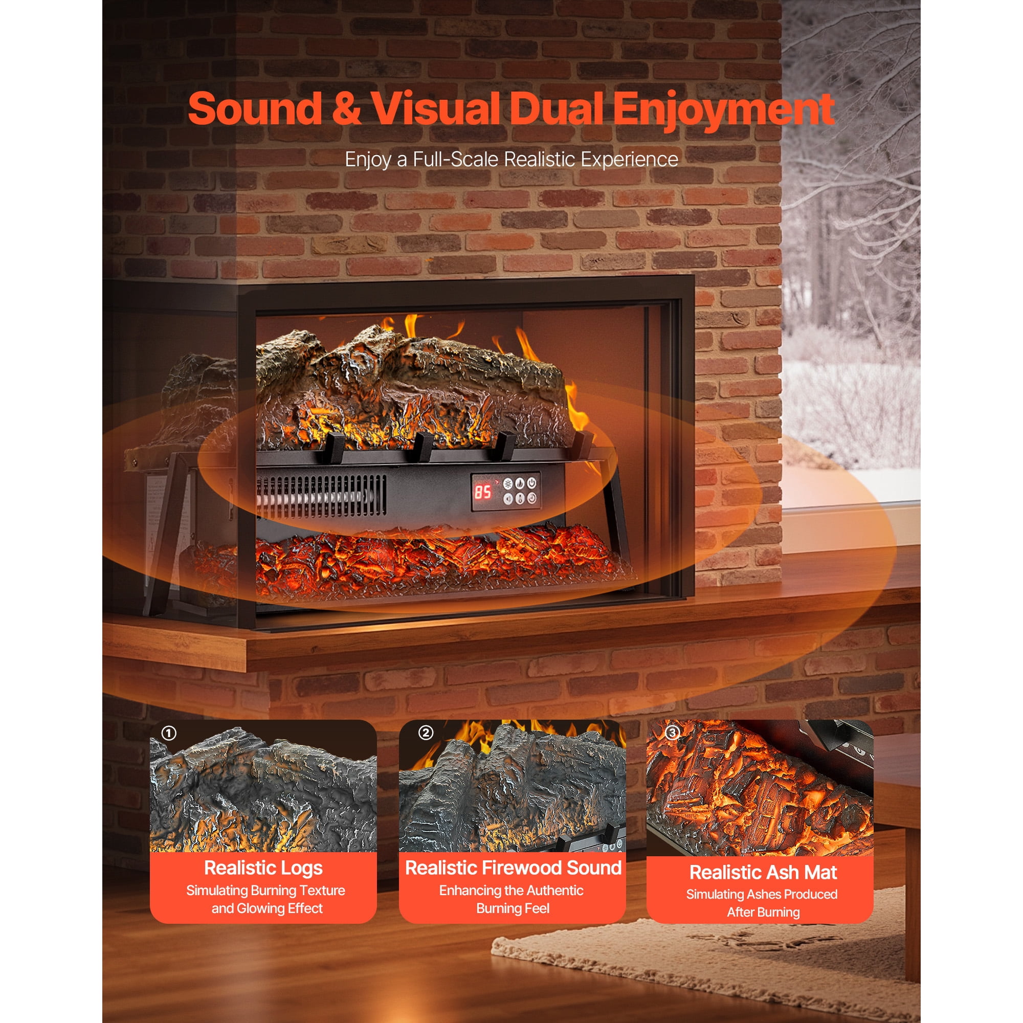 KFFKFF Electric Fireplace Log Heater, 25-Inch Insert with Crackling Sound, Remote Control, Adjustable Flame Brightness, Timer, Overheat Protection, and Thermostat for Home Decoration, Black
