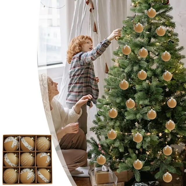 Uklsqma Flocking Christmas Ball Ornaments Set 9 Pcs 8Cm Plastic Multicolor Matte Glossy Glitter Finish Lightweight Durable Holiday Tree Decorations with Pre-Installed Lanyards | Festive Home Offi