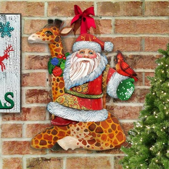 Santa on Giraffe Wooden Holiday Decorative Door Hanger, Multicolor