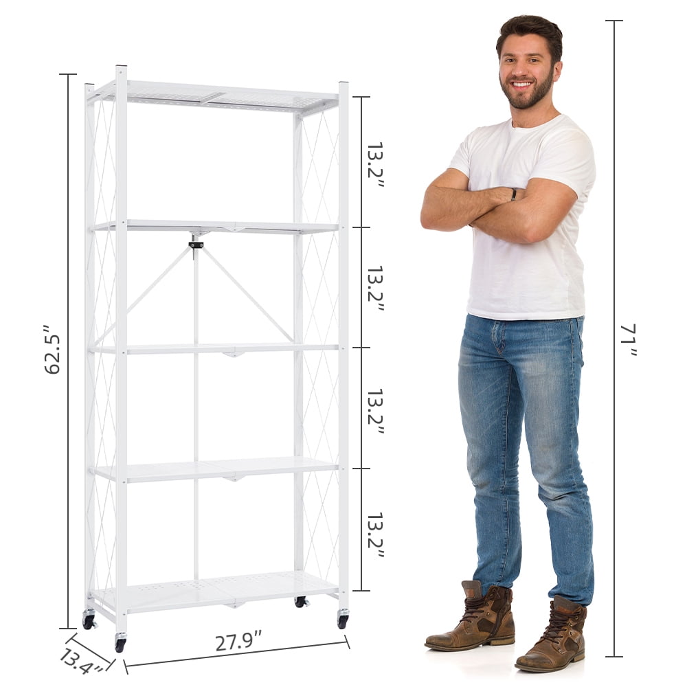 COOKCOK 5-Tier Storage Shelving Unit, Metal Shelf 27.9"x13.4"x62.5, Foldable Storage Shelf with Wheels, Garage Shelf, Metal Storage Rack, Kitchen Shelf with 4 Hooks, No Assemble Require, White