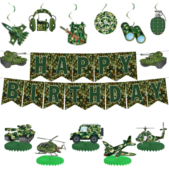 Army Military Camo Kids Birthday Party Decorations Kit - Army Theme Bunting Banners, Hanging & Honeycomb Decorations