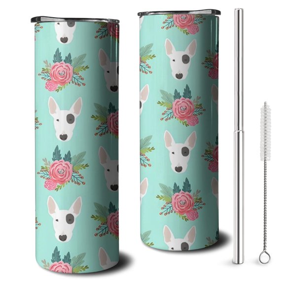 20oz Bull Terrier Dog and Flower Florals Skinny Tumblers Stainless Steel Tumbler with Lid and Straw,Vacuum Insulated Double Wall Travel Tumbler Cups with Cleaning Brush for Coffee,Tea