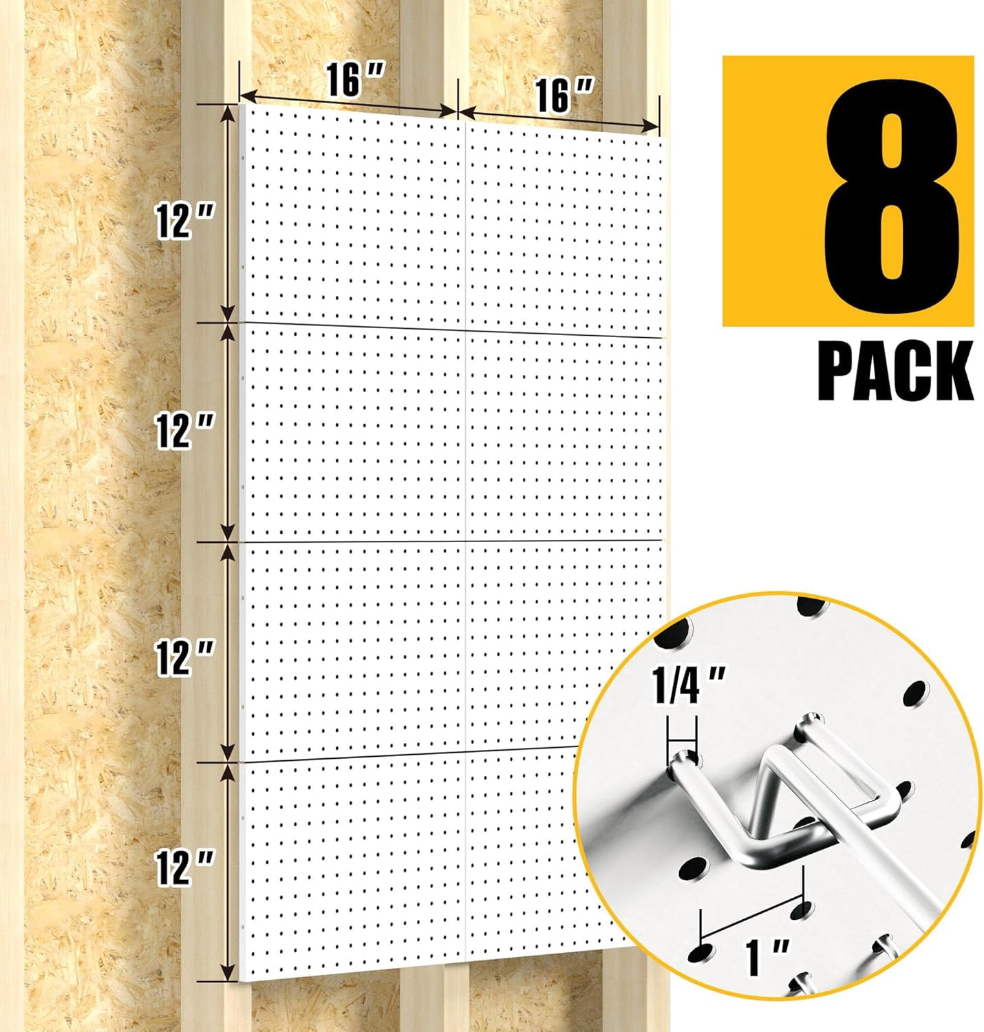 Peg Board, 8 Pack Metal Pegboard Panels with 50 Hooks, White Pegboards Wall Organizer, Peg Board for Walls Home, Garage Tool Storage, Office Organization, Craft Room