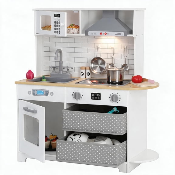 Wooden Play Kitchen Toy Set, Kids Children Pretend Toy Kitchen Playset With 2 Drawers, Faucet, Oven, Microwave, Kitchenware Set Accessories For Girls Boys