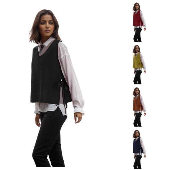 Unir Womens Vests Solid Knit V Neck Sleeveless Side Tie Pullover Cropped Sweater Vest S M L XL Basic Daily Warm Layering Top 1Pc