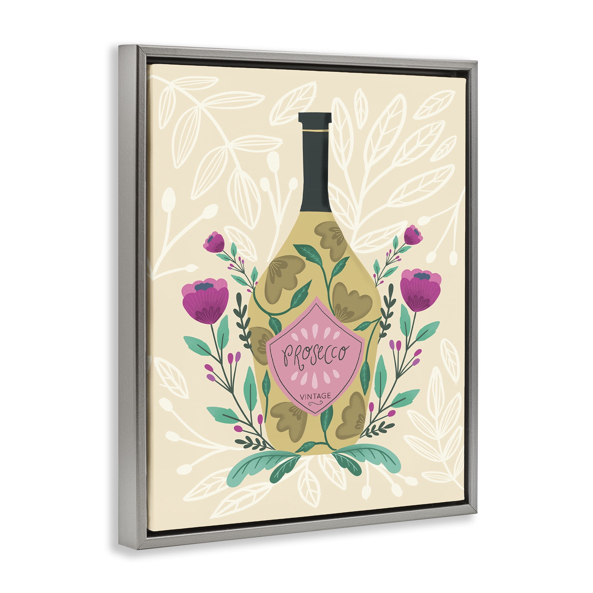 Stupell Industries Chic Floral Alcohol Bottle Food & Beverage Painting Gray Floater Framed Canvas Art Print Wall Art, 17 x 21