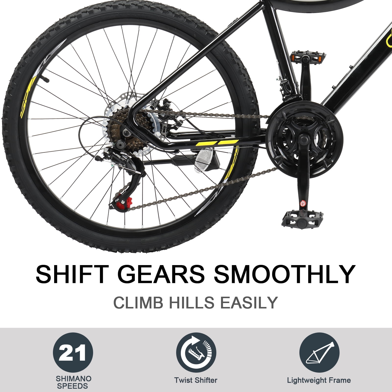 UBesGoo 24in Mountain Bike Shimano 21 Speed  with Disc Brake, Black Yellow