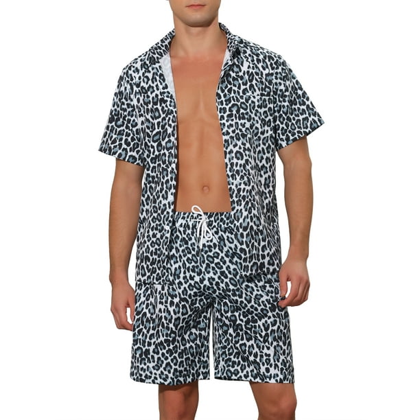 Camisas impresas de animales Inspire Chic para hombres, conjunto de 2 piezas de verano, camisas hawaianas y pantalones cortos, color gris