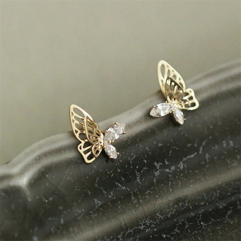 mnjin delicate openwork butterfly stud earrings diamond butterfly earrings for women gold
