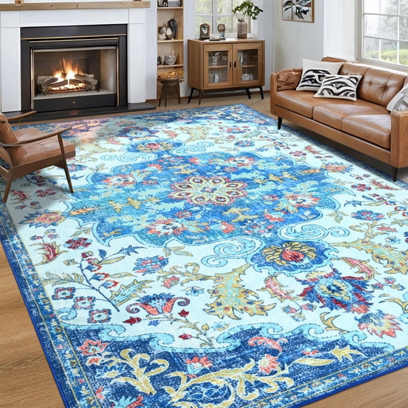 Ultrug Boho Vintage Rugs Floral Printed Area Rug Soft Carpet for Living Room Bedroom Home Decor,5'x8',Blue