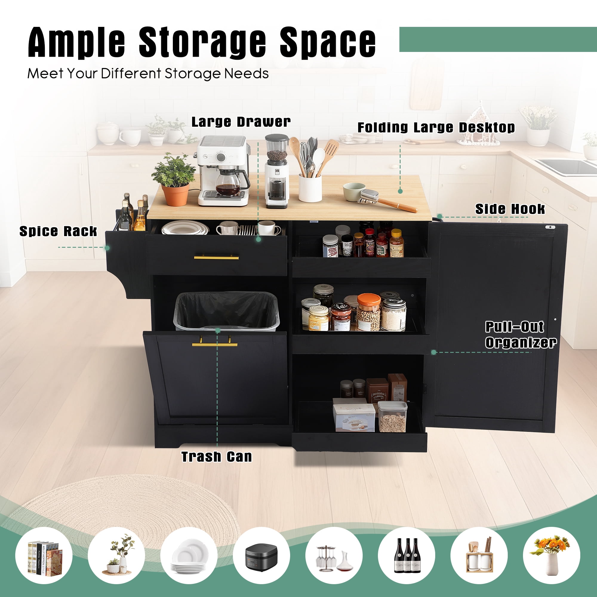 Haverchair 39.7" Kitchen Island with Drop Leaf and Storage Cabinet, Mobile Kitchen Rolling Bar Cart with Trash Can Cabinet and Drawer, Modern Island Table for Kitchen with Spice Rack and Towel Rack