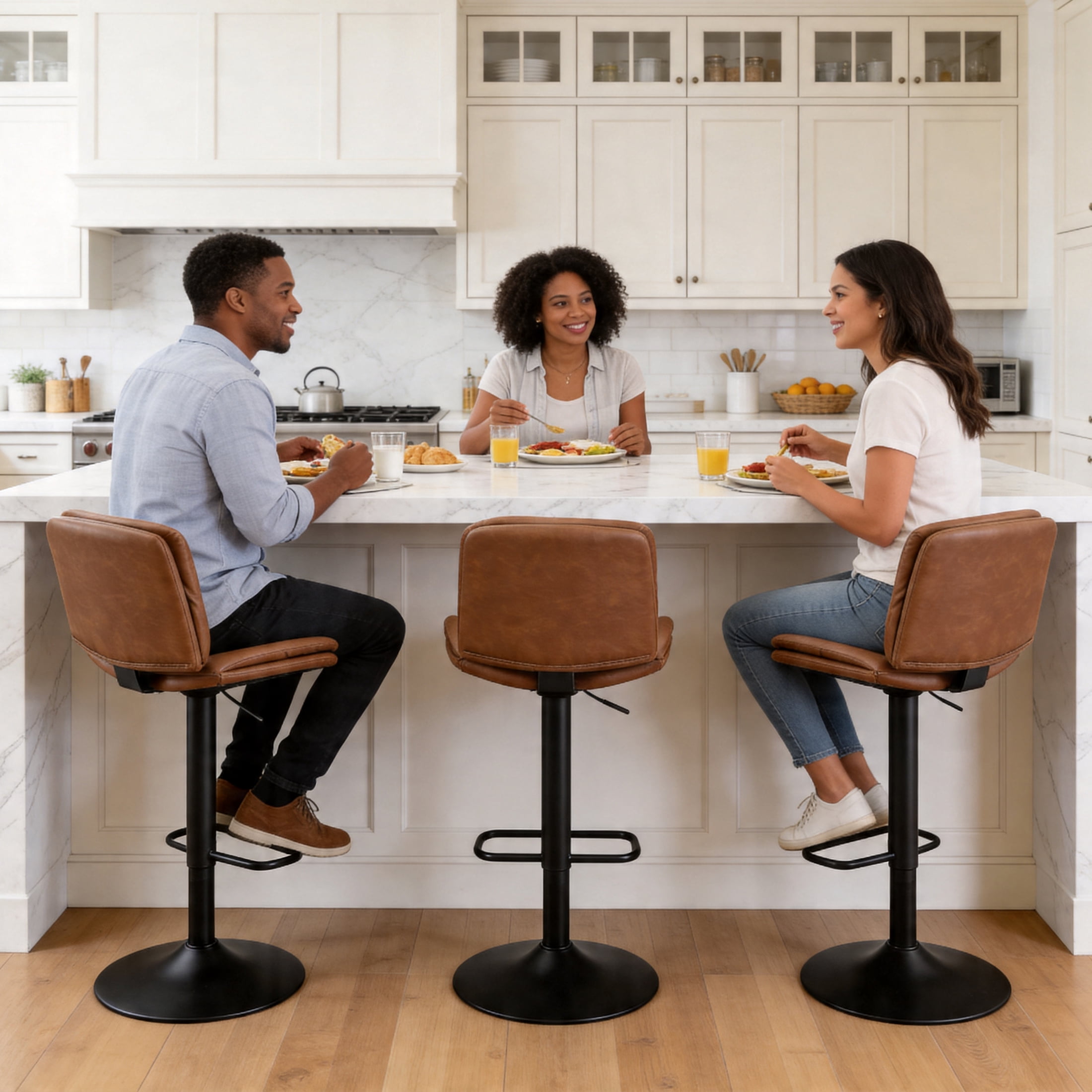 FIRAVOE Swivel Bar Stools Set of 3 (Double-Layer Upholstered) Adjustable Bar Stools (24"-32"), PU Leather Modern Barstools with Back for Bar, Kitchen, Dining Room, Brown