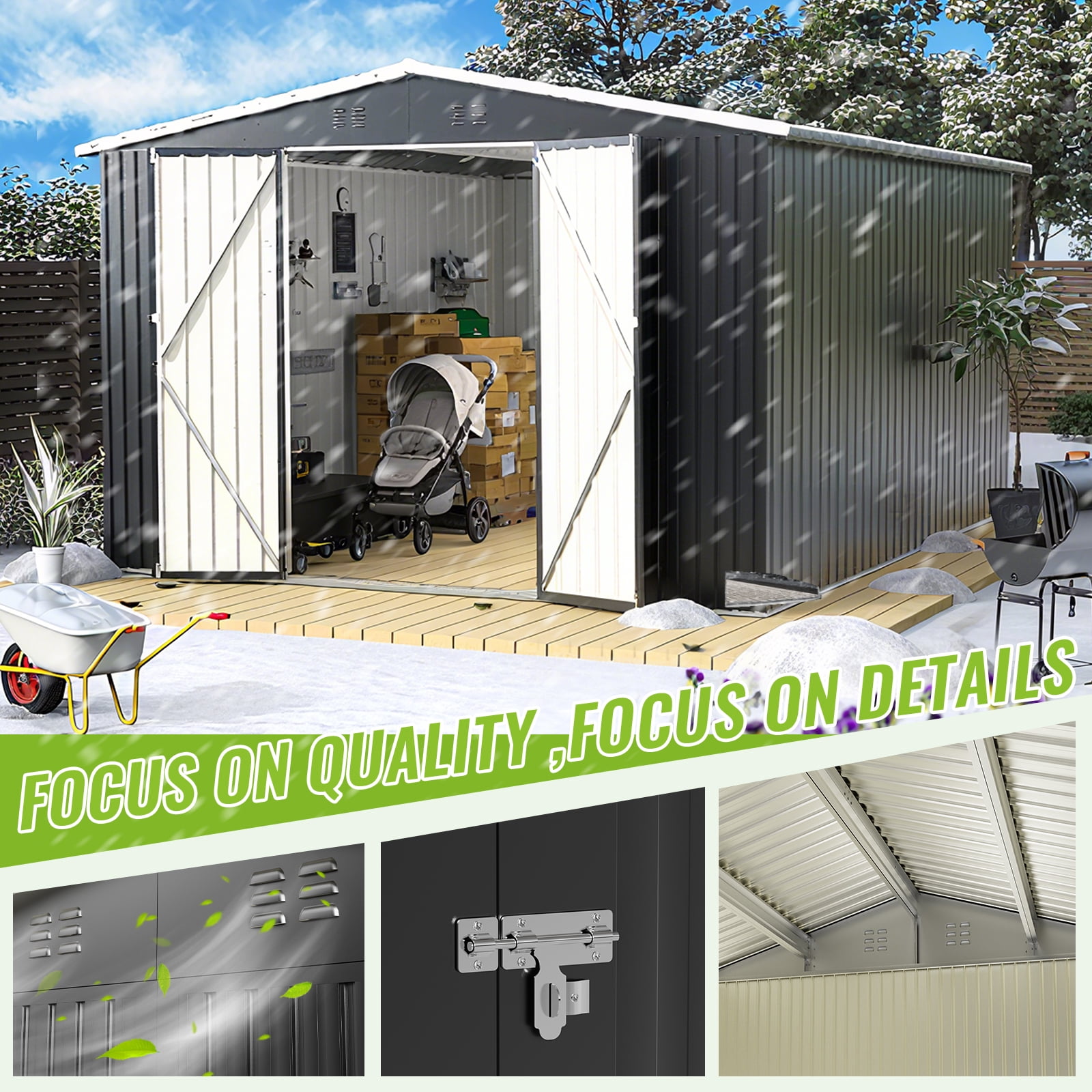 PABIMIA 10FT x 10FT Metal Outdoor Storage Shed with Lockable Doors, Black
