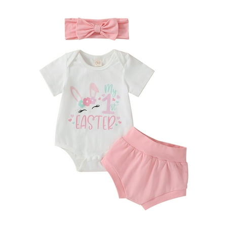 

Zervatek Baby Girls Shorts Set Short Sleeve Letters Bunny Print Romper Elastic Waist Shorts with Hairband