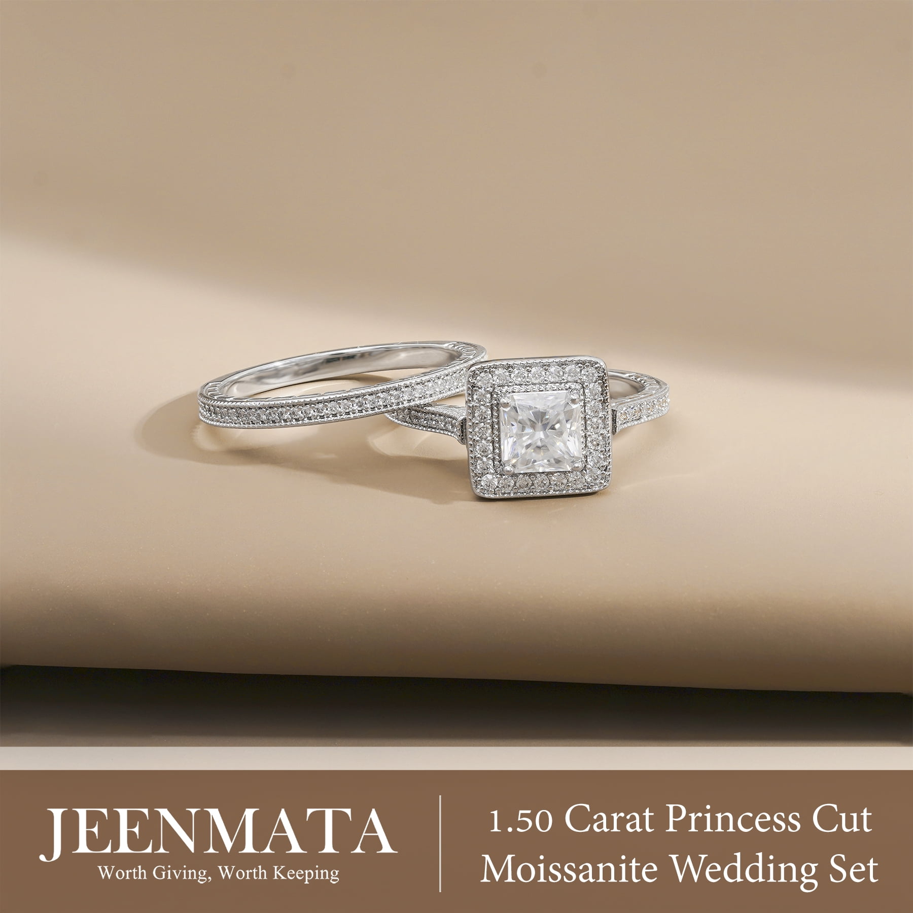 JeenMata 1.5 Carat Princess Cut Moissanite Wedding Set - Bridal Set - Milgrain Ring - Vintage Ring - Halo Ring - 18K White Gold Plating for Women
