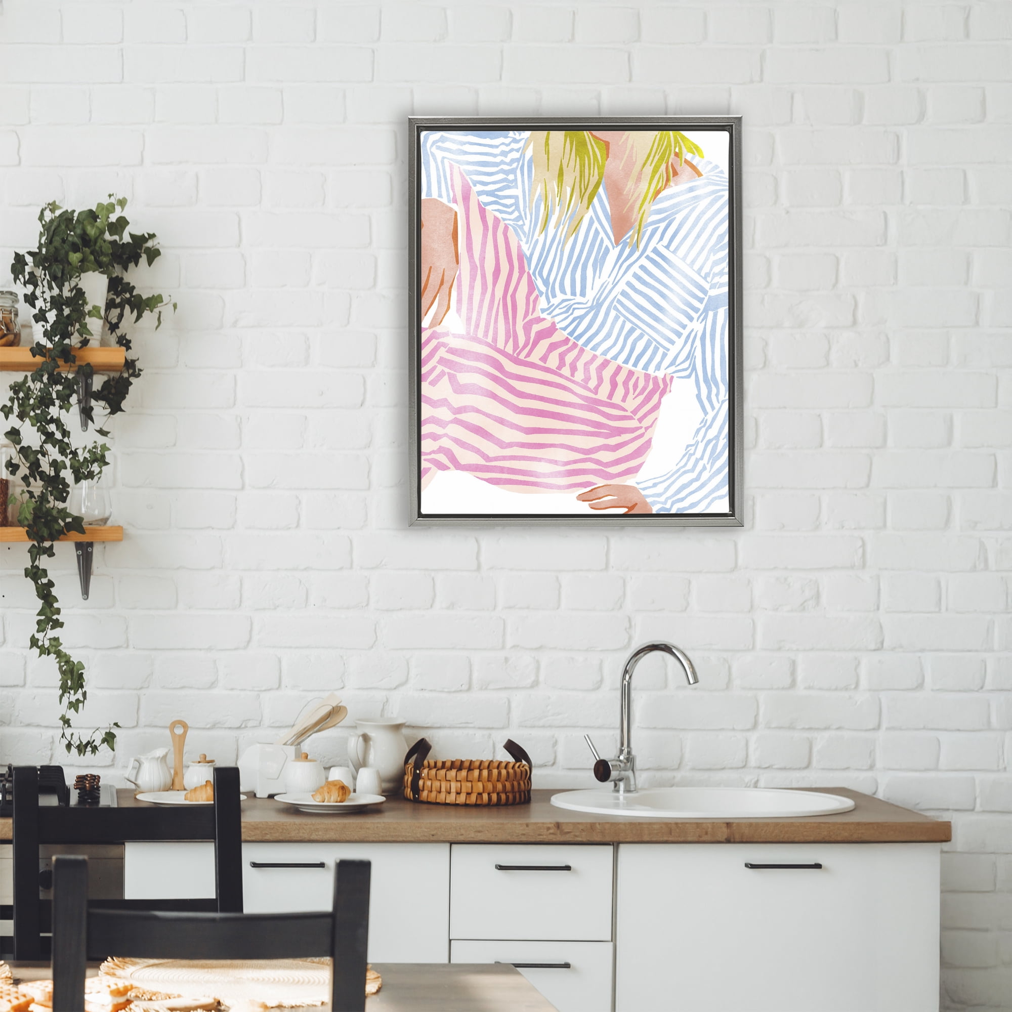 Female in Pastel Stripes Gray Framed Floater Canvas Wall Art, design by Ziwei Li