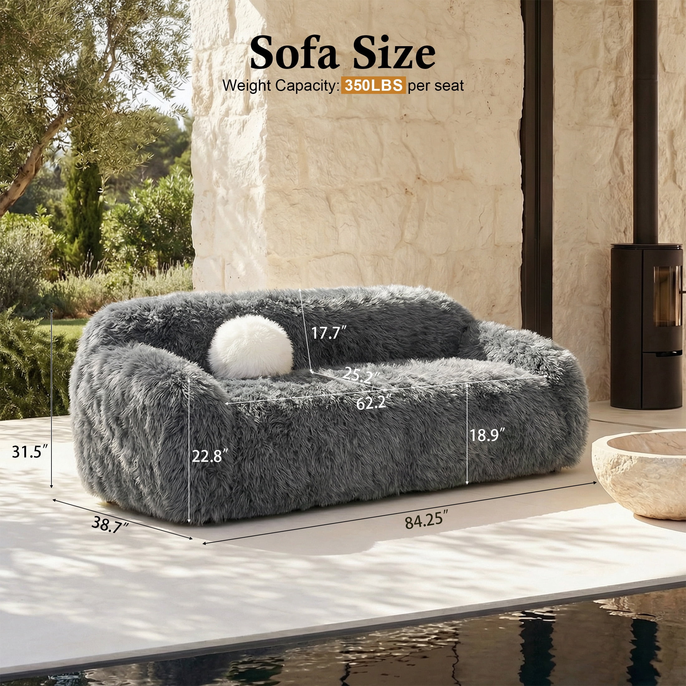 Aukfa 84" Comtemporary Plush Faux Fur Sofa, Pet-Friendly Couch for Living Room, 25" Deep Seat, Gray