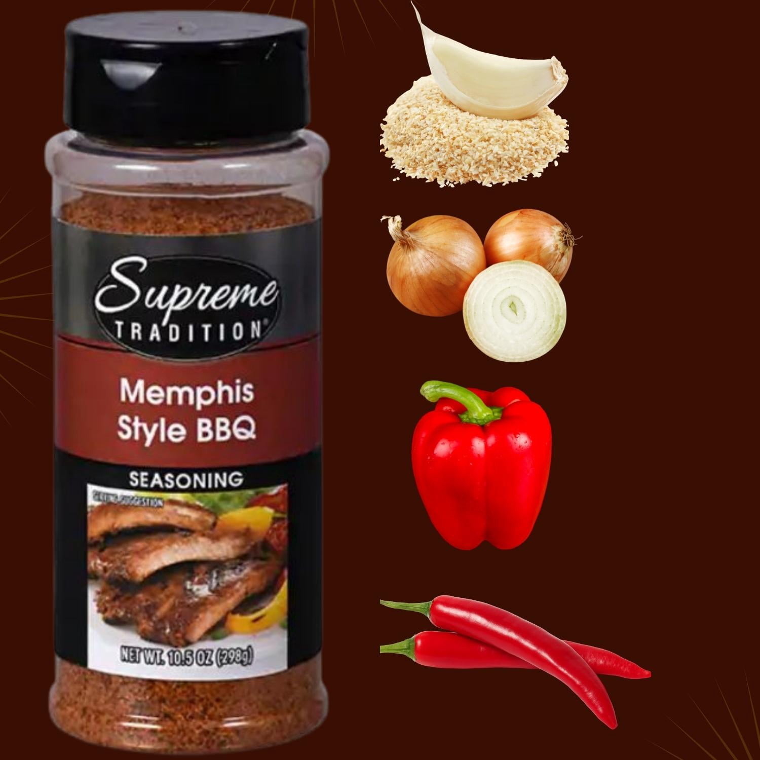 Supreme Tradition Memphis Style Barbecue Seasoning, 10.5 oz. Bottles Savory and Spicy Blend Spice Perfect for Home Kitchen Barbecue Grilling with Built-in Shakers Set of 2