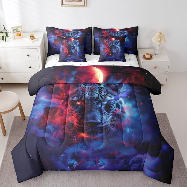 Ensemble de Literie Léopard 7 Pcs Lit en Sac Simple Rouge Bleu Brouillard Guépard avec Couette, Ensembles de Literie Animaux Africains Gothiques, Ensemble de Lit Faune Western Exotique, Décoration Bohème