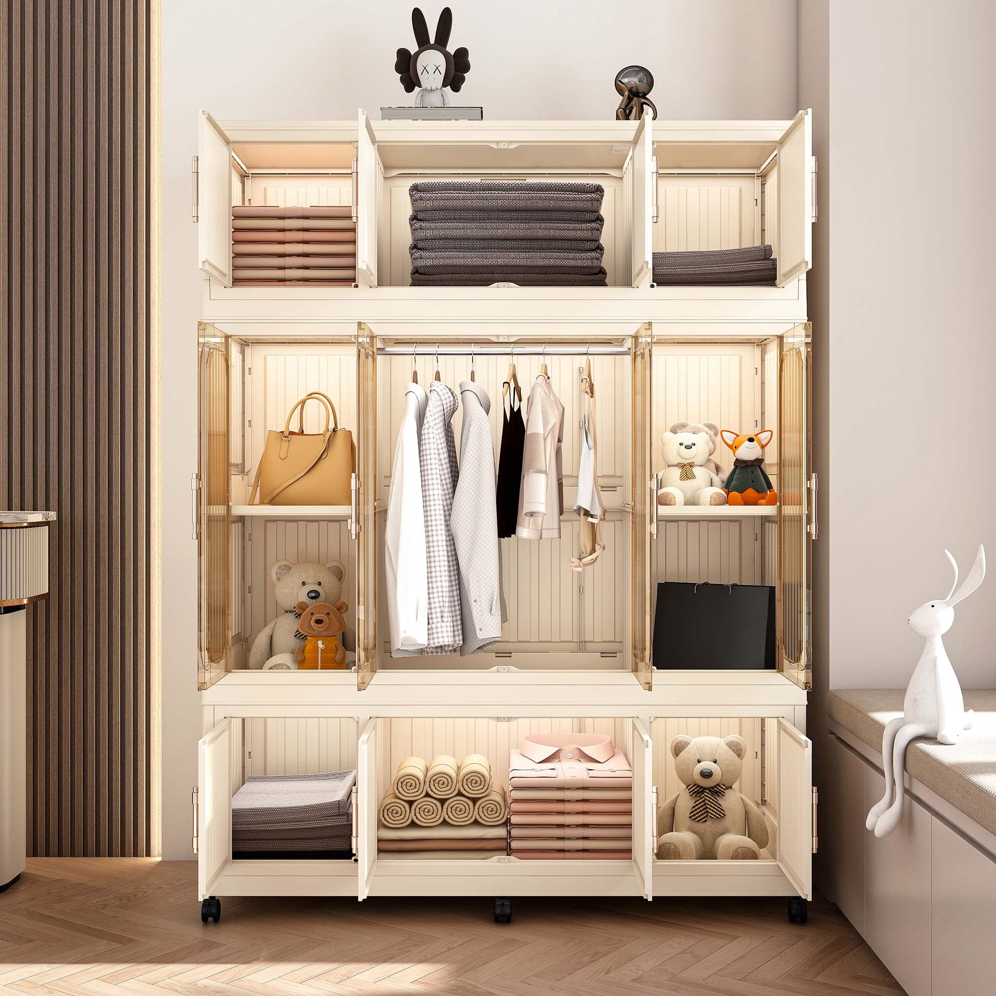Miniyam 48.03" x 17.72" x 62.2" Includes 6 Hangers – Portable Wardrobe Closet with 12 Magnetic Doors – 12 Cubes, 1 Hanging Rod
