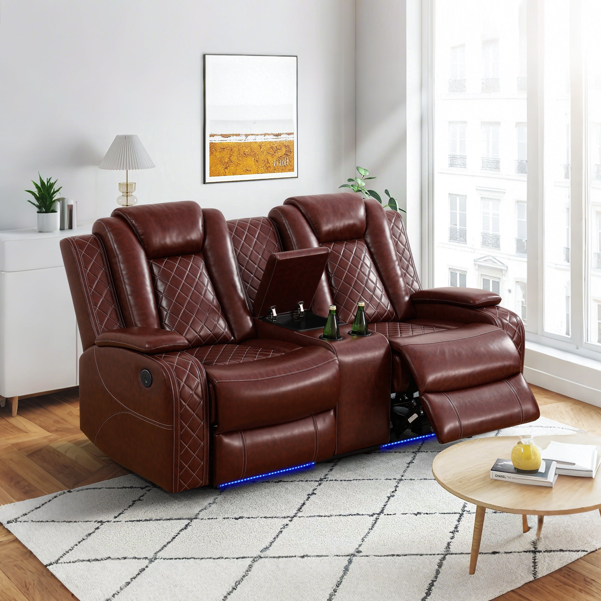 Gewnee Loveseat Power Reclining Multifunctional Sofa, Air Leather, Storage Console, Cup Holders,Reddish brown