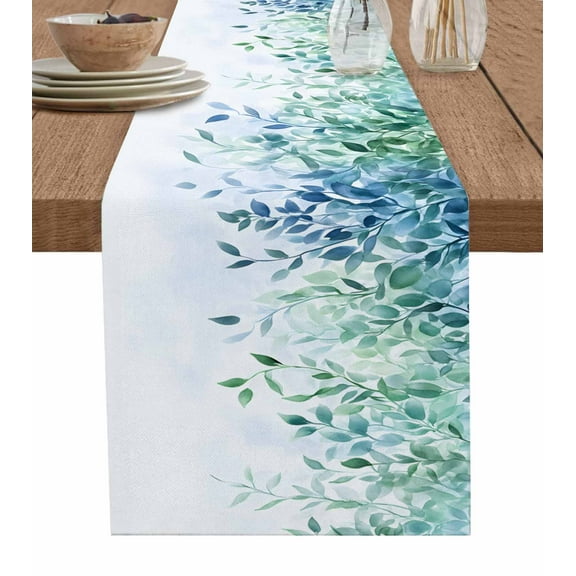 Watercolor Leaves Table Runner Cotton Linen 48 Inch Holiday Dresser Scarves, Spring Botanical Eucalyptus Leaves Tablerunner for Kitchen Coffee Dining Bedroom Living Room Dinner Scarf Décor 13''x48''