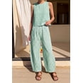 thumbnail image 2 of Wrongduck Womens Cotton 2 Piece Set Plaid Sleeveless Top Wide Leg Pants Summer Lounge Outfit Matching Vacation Travel Casual Outfit 2026, 2 of 15