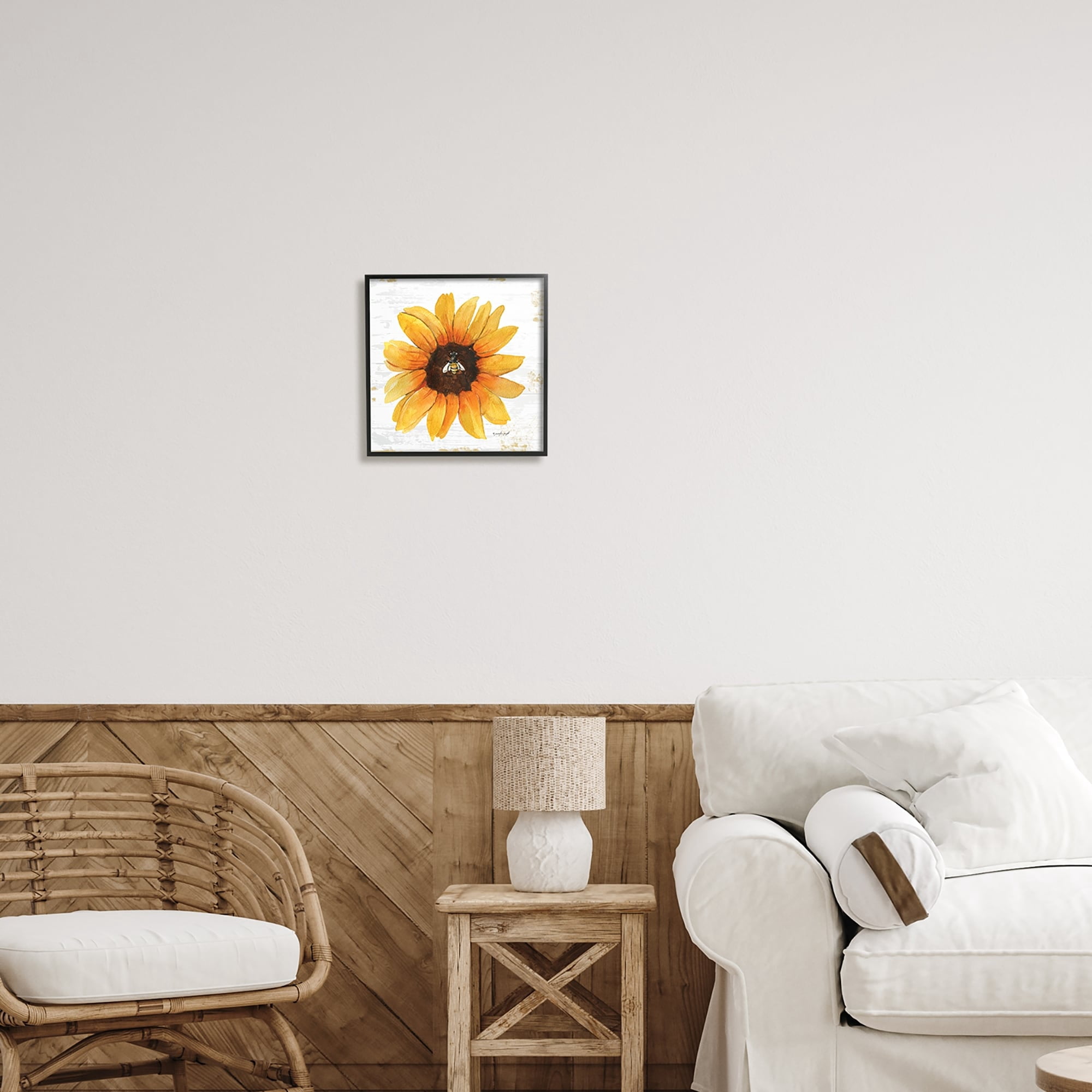 Stupell Industries Rustic Sunflower Petals Lone Bumble Bee Flower Design Graphic Art Black Framed Art Print Wall Art, Design by Jennifer Pugh