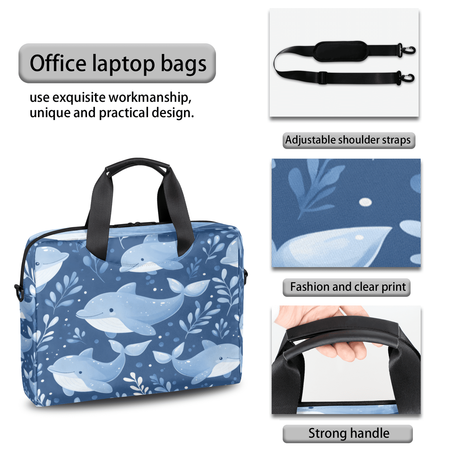 Herdesigns Dolphin Laptop Bag for Women Men, Computer Case Briefcase Messenger Bags, 15-15.6 inch Laptop Sleeve Shoulder Bag