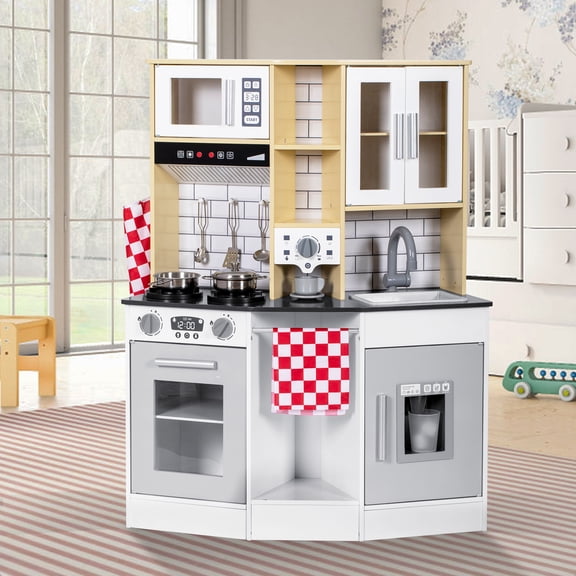 Brinjoy Interactive Wooden Play Kitchen with Lights & Sounds - Kids Pretend Cooking Set with Realistic Microwave, Oven, Sink & Role-Play Apron, Gift for Ages 3 