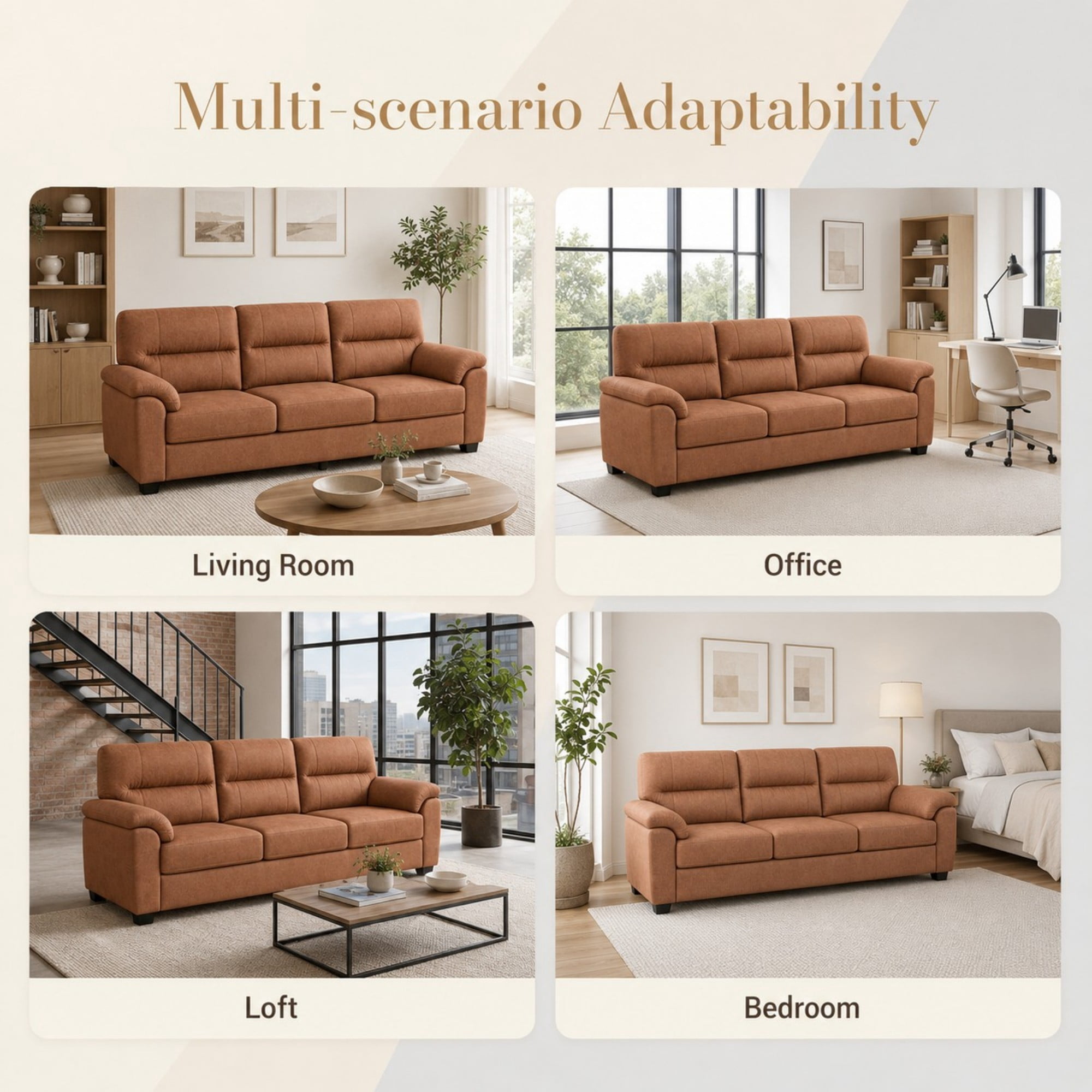 DEALTOPS 84" Tech Cloth 3-Seat Sofa, Mid-Century Vintage Couch with Pillow Arms, Brown