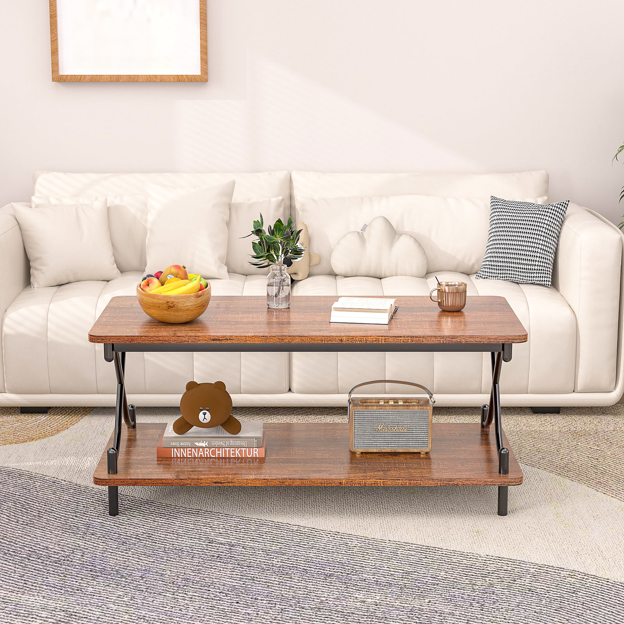 VECELO Rectangle Coffee Table with Storage Shelf, Modern X-Design Side Metal Frame for Living Room Office, Brown